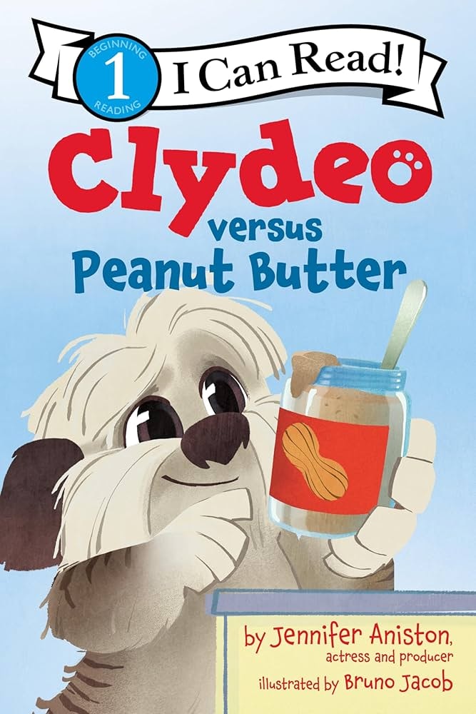A children's book cover featuring a dog with peanut butter, titled "Clydeo versus Peanut Butter" by Jennifer Aniston, illustrated by Bruno Jacob.