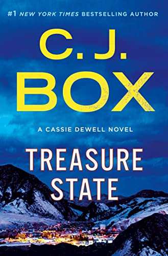 Book cover with title "Treasure State" by C.J. Box, depicting a night scene of a mountainous town.