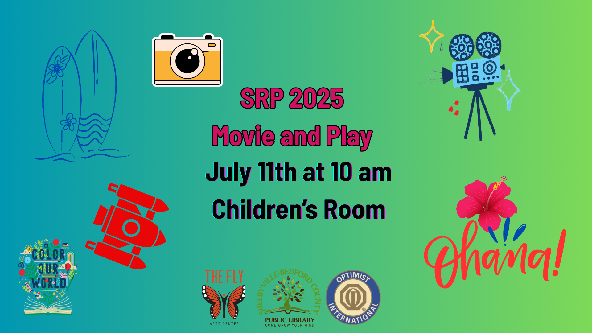 SRP 2025 Movie and Play event on July 11th at 10 am in the Children's Room. Includes images of surfboards, a camera, and more.