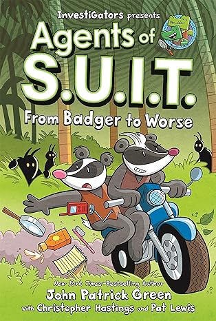 Book cover: "Agents of S.U.I.T." with anthropomorphic badger agents on a motorcycle.