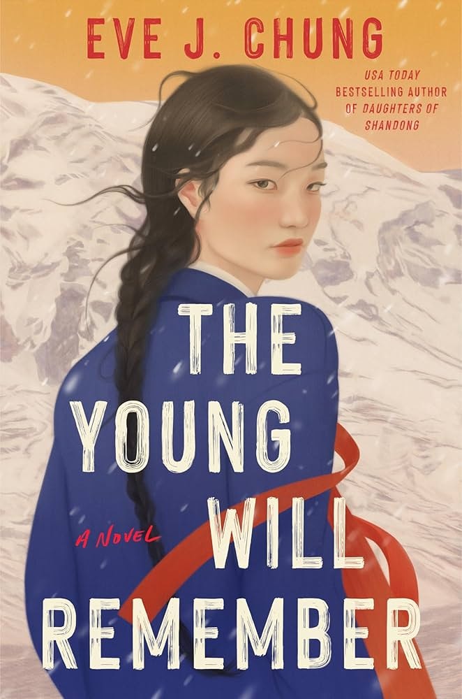 The image features a book cover titled "The Young Will Remember" by Eve J. Chung, showcasing a woman in a blue outfit with a mountain backdrop.
