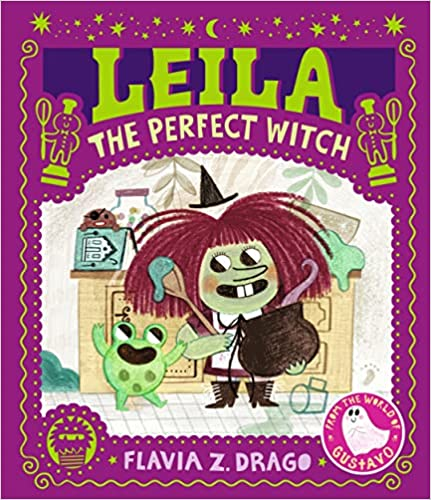 A book cover titled "Leila The Perfect Witch" with a cartoon witch and her cat.