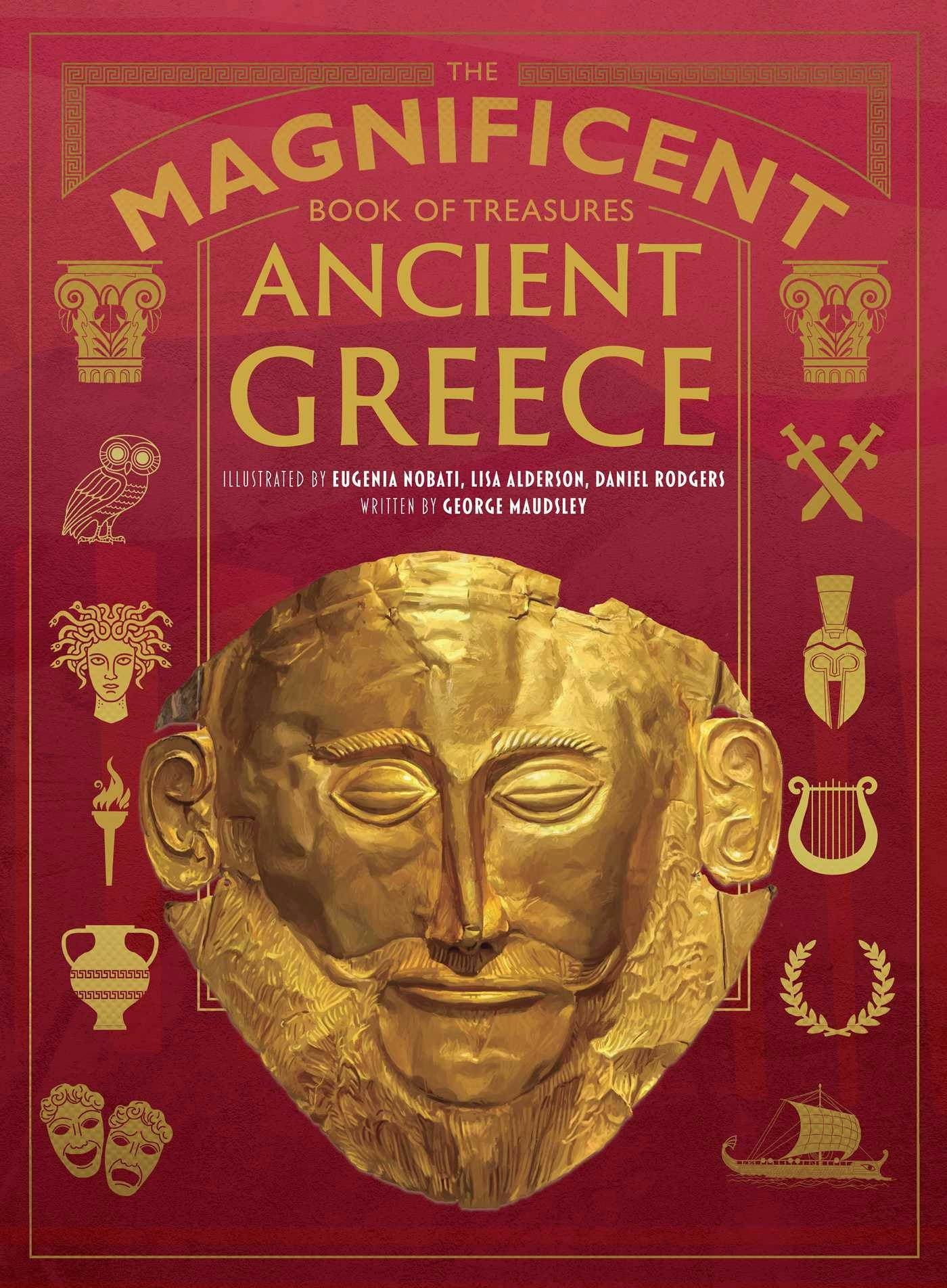 Book cover: "The Magnificent Book of Treasures: Ancient Greece" with a golden mask and Greek symbols.