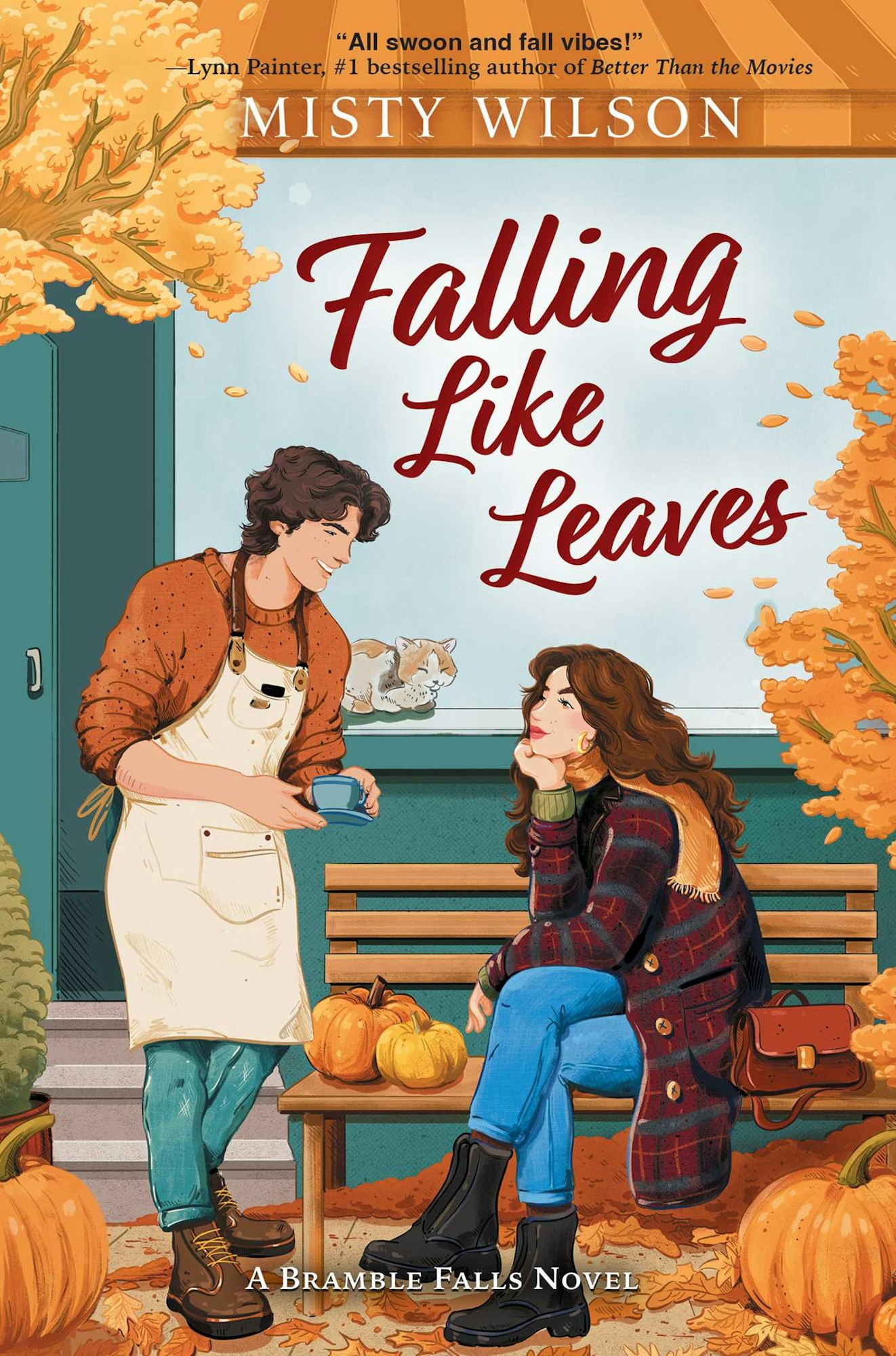 Two people, autumn scene, pumpkins, a bench, and a cat. "Falling Like Leaves" book cover.