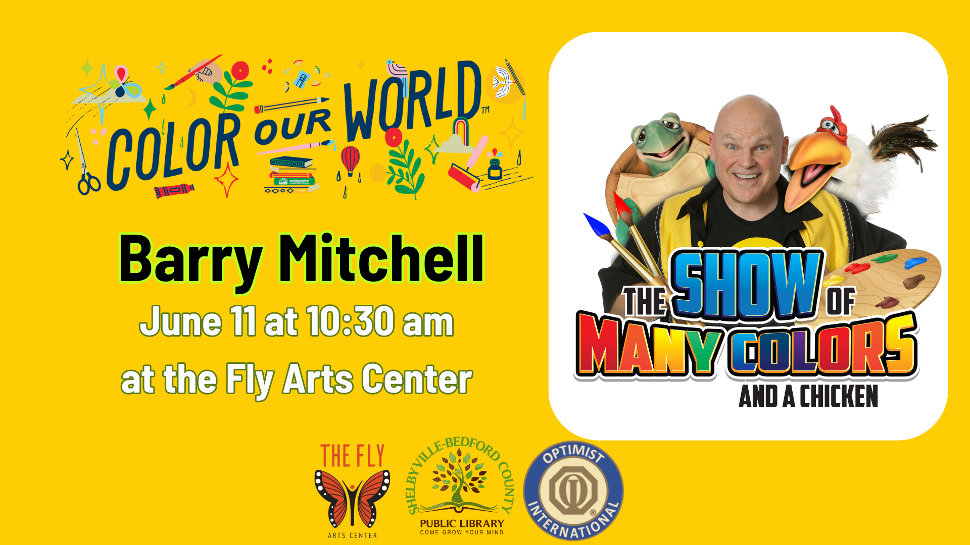 Event poster for Barry Mitchell's "The Show of Many Colors" on June 11 at 10:30 am, Fly Arts Center.