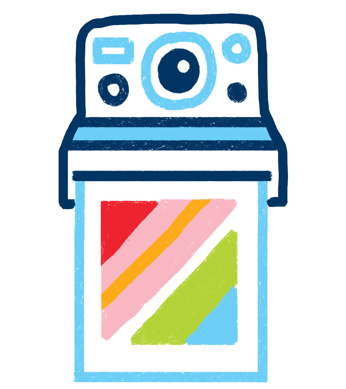 Illustration of an instant camera with colorful stripes on a photo print.