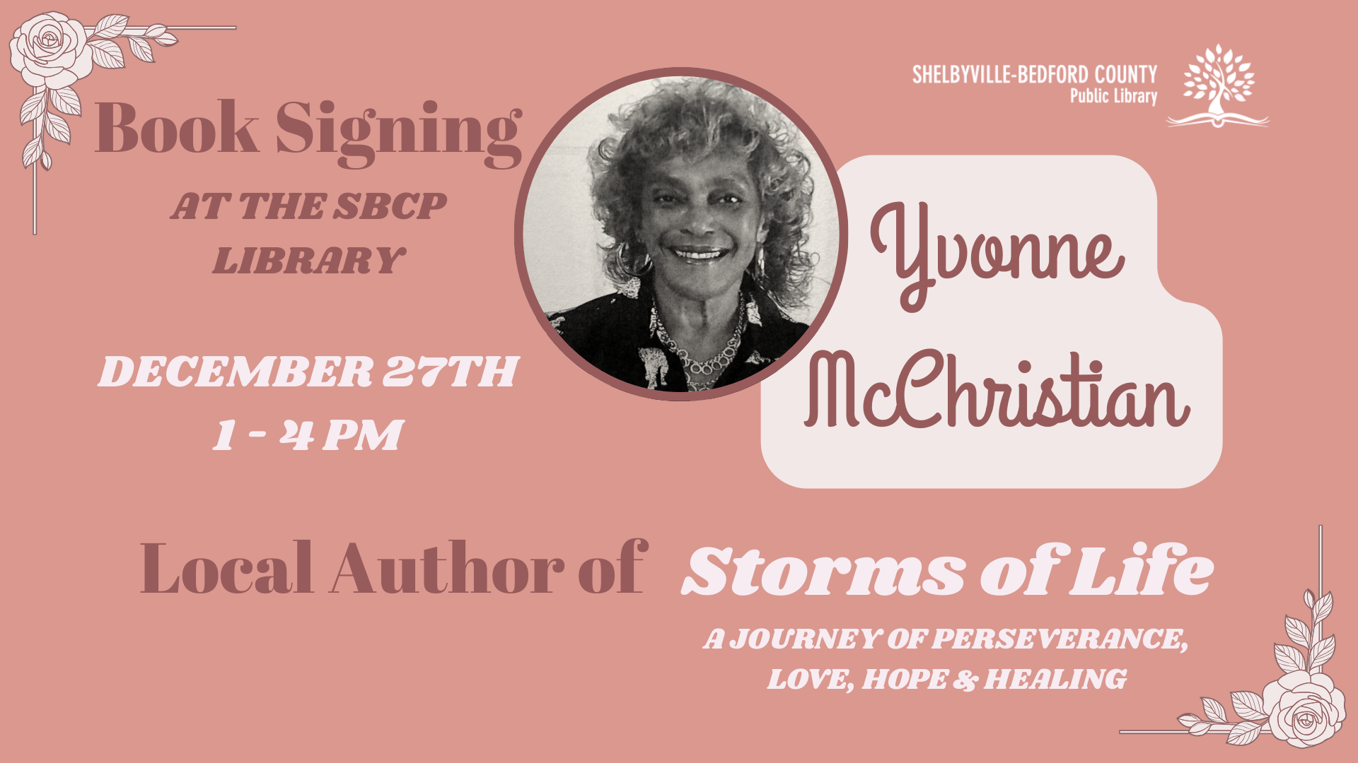 Announcement for a book signing with local author Yvonne McChristian at the Shelbyville-Bedford County Public Library on December 27th, 1-4 PM.