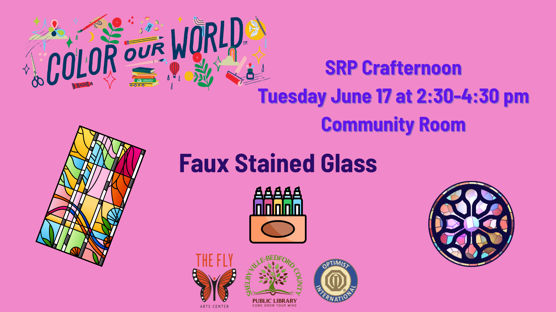 Colorful "Color Our World" poster for a faux stained glass craft event on June 17, 2:30-4:30 pm at the Community Room.