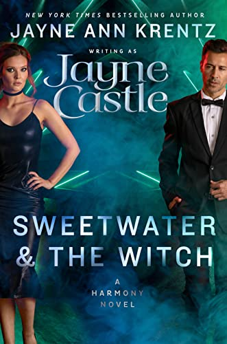A book cover titled "Sweetwater & The Witch" by Jayne Castle, featuring two people and neon graphics.