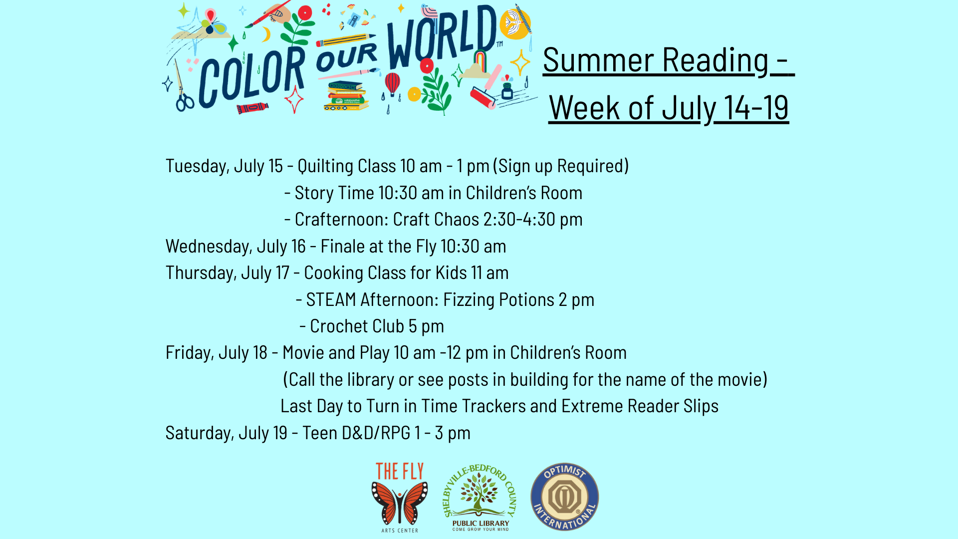 Library events schedule for July 14-19, including quilting, story time, crafting, cooking, STEAM, crochet, movie, and D&D.