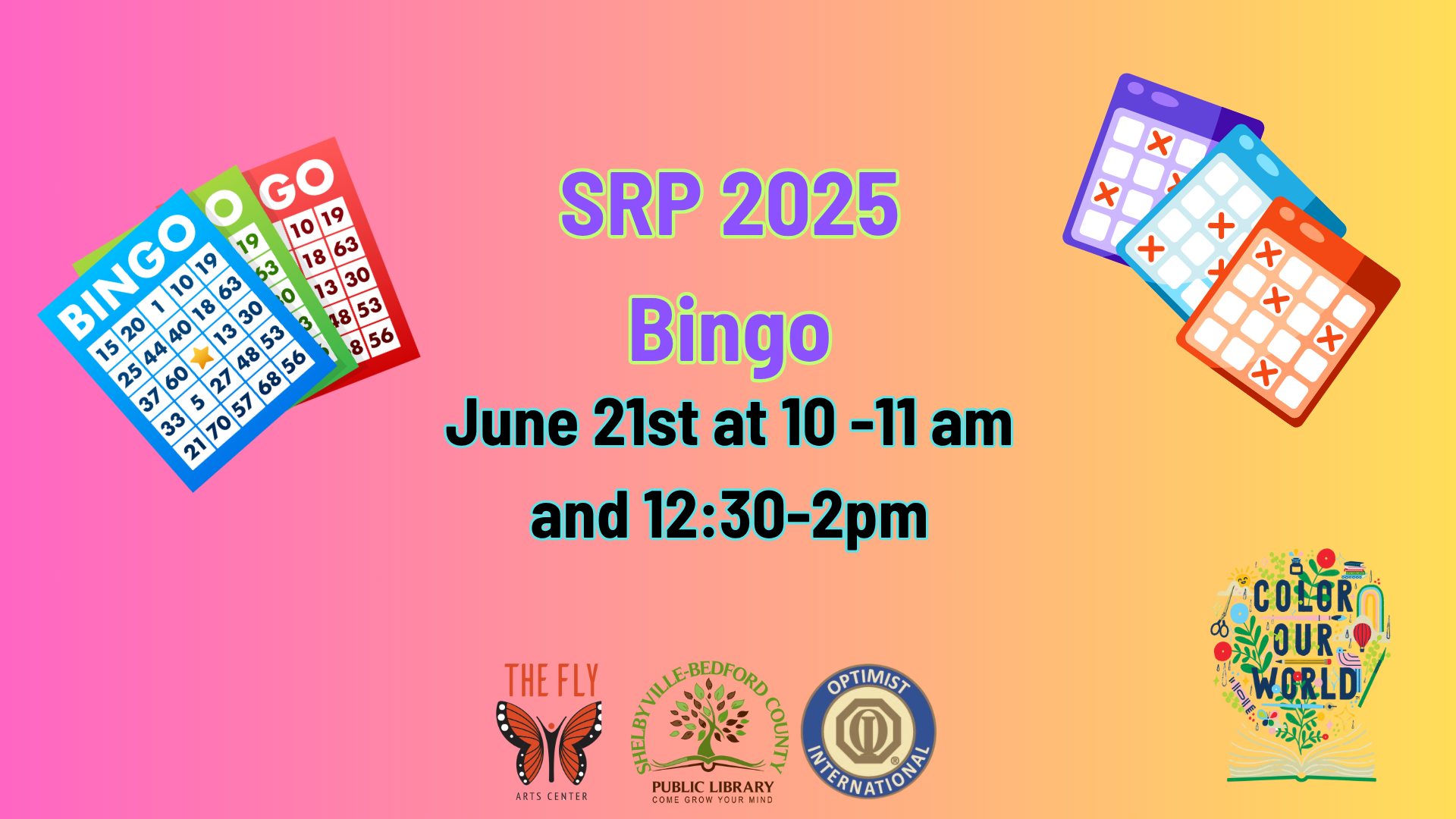 Bingo event on June 21st, 10-11 am and 12:30-2 pm, with logos of The Fly Arts Center, Shelbyville-Bedford County Library, and Optimist International.