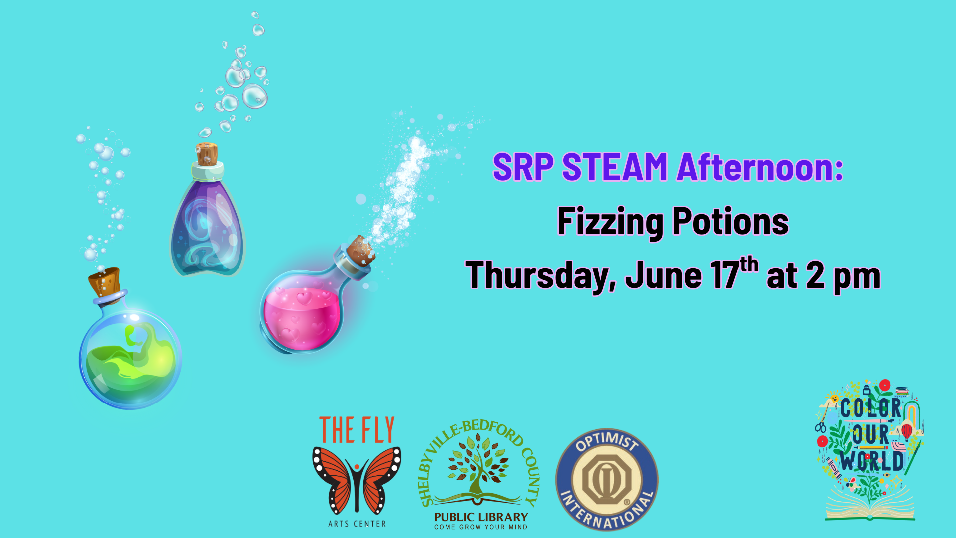 Event flyer for "SRP STEAM Afternoon: Fizzing Potions" on Thursday, June 17th at 2 pm with three potion bottles and logos.