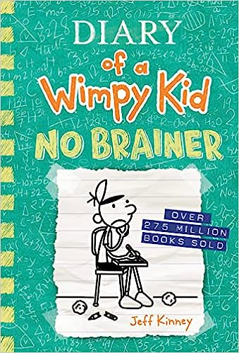 A "Diary of a Wimpy Kid: No Brainer" book cover with illustrations and text.