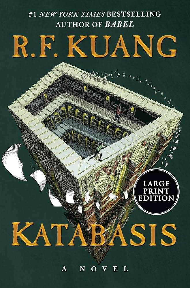 Book cover of "Katabasis" by R.F. Kuang, featuring an Escher-style staircase with falling papers and people, large print edition.