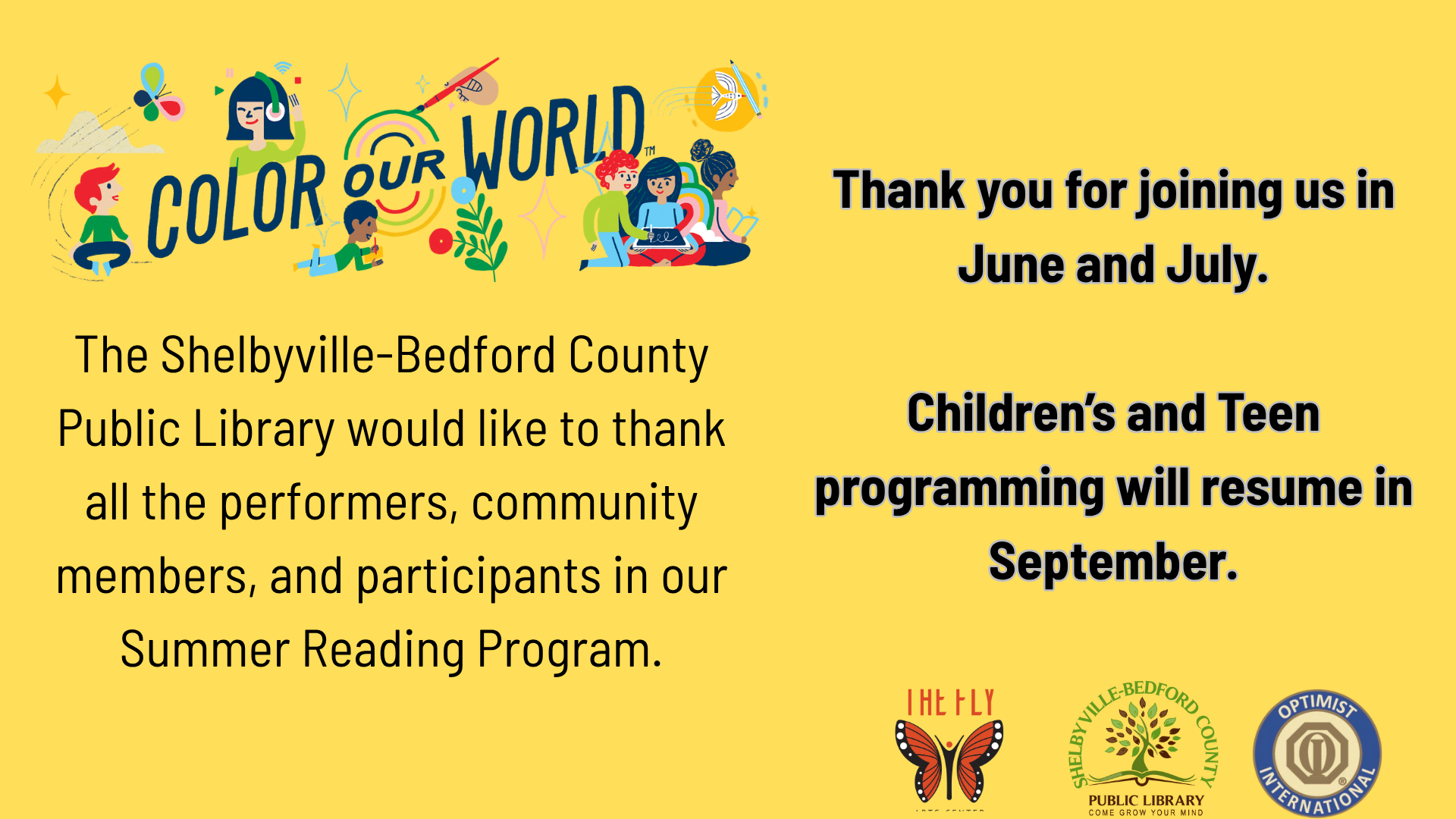 Shelbyville-Bedford Library thanks participants of the Summer Reading Program; children's and teen events resume in September.