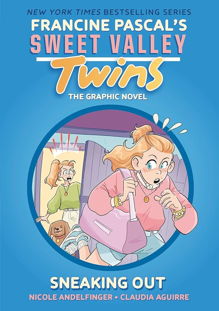 Cover of "Sweet Valley Twins: Sneaking Out" graphic novel. Two girls, one sneaking out with a bag, a dog, and surprised expressions.
