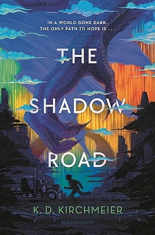 A book cover titled "The Shadow Road" with a fantasy scene showing a dragon, auroras, and a city skyline.