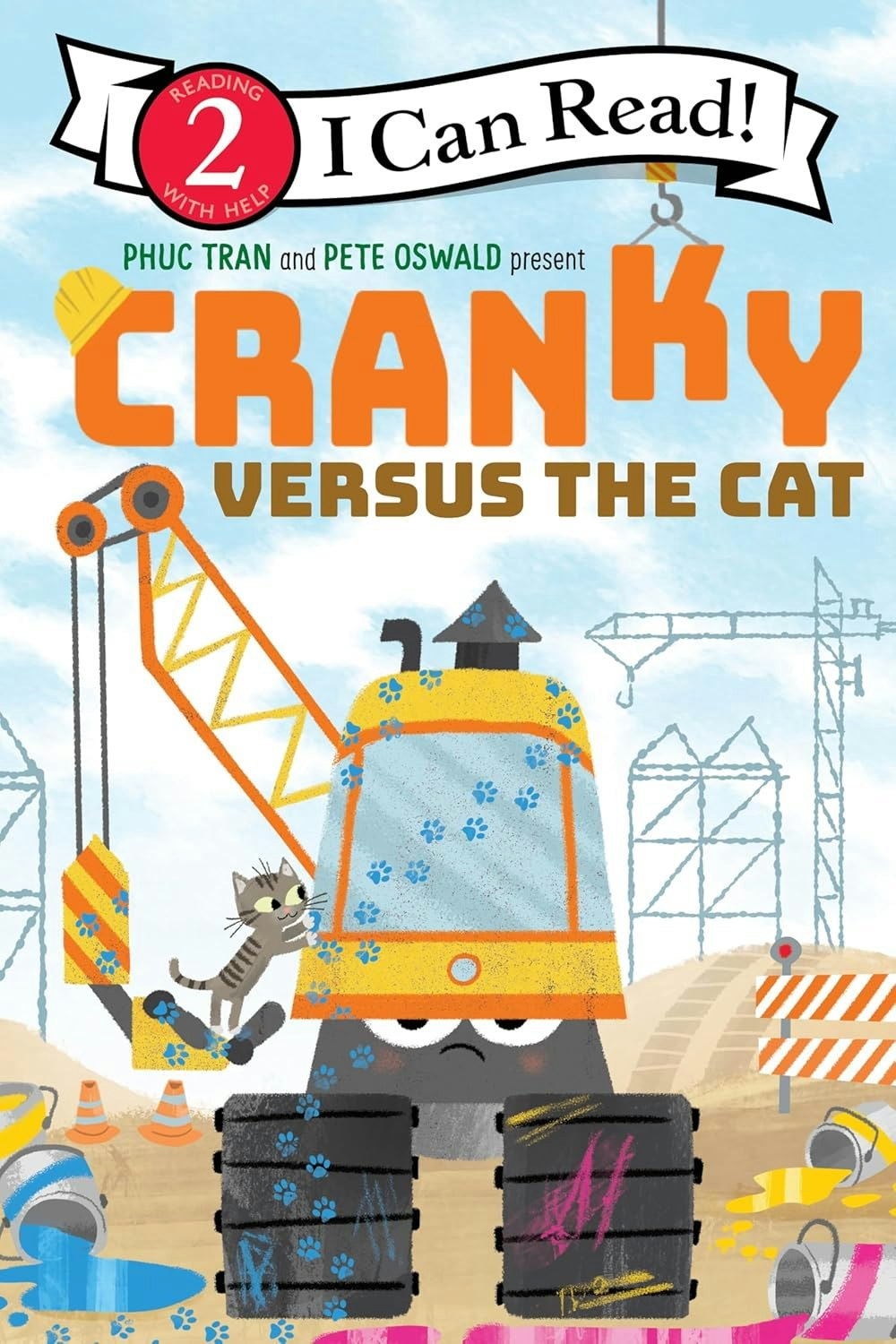 The image features the title "Cranky Versus the Cat," part of the "I Can Read!" series, with a cartoon crane and a playful cat.