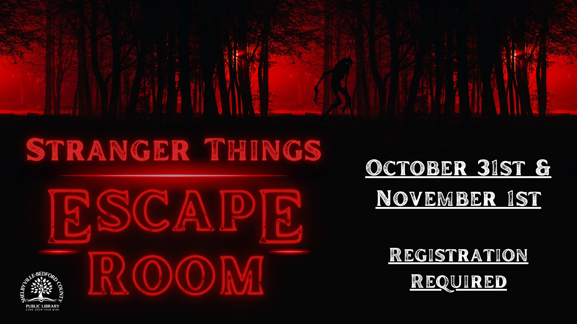 Promotional image for a "Stranger Things" escape room event with registration details, set against a spooky forest background.