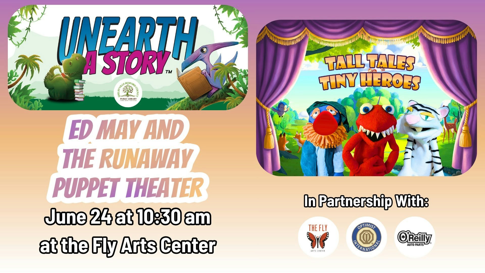 Event featuring Ed May and The Runaway Puppet Theater on June 24 at 10:30 am at the Fly Arts Center.