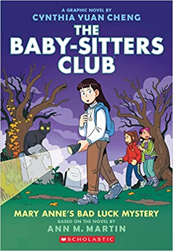 A book cover of "The Baby-Sitters Club" graphic novel featuring a girl in the foreground and three others behind her, with spooky elements.