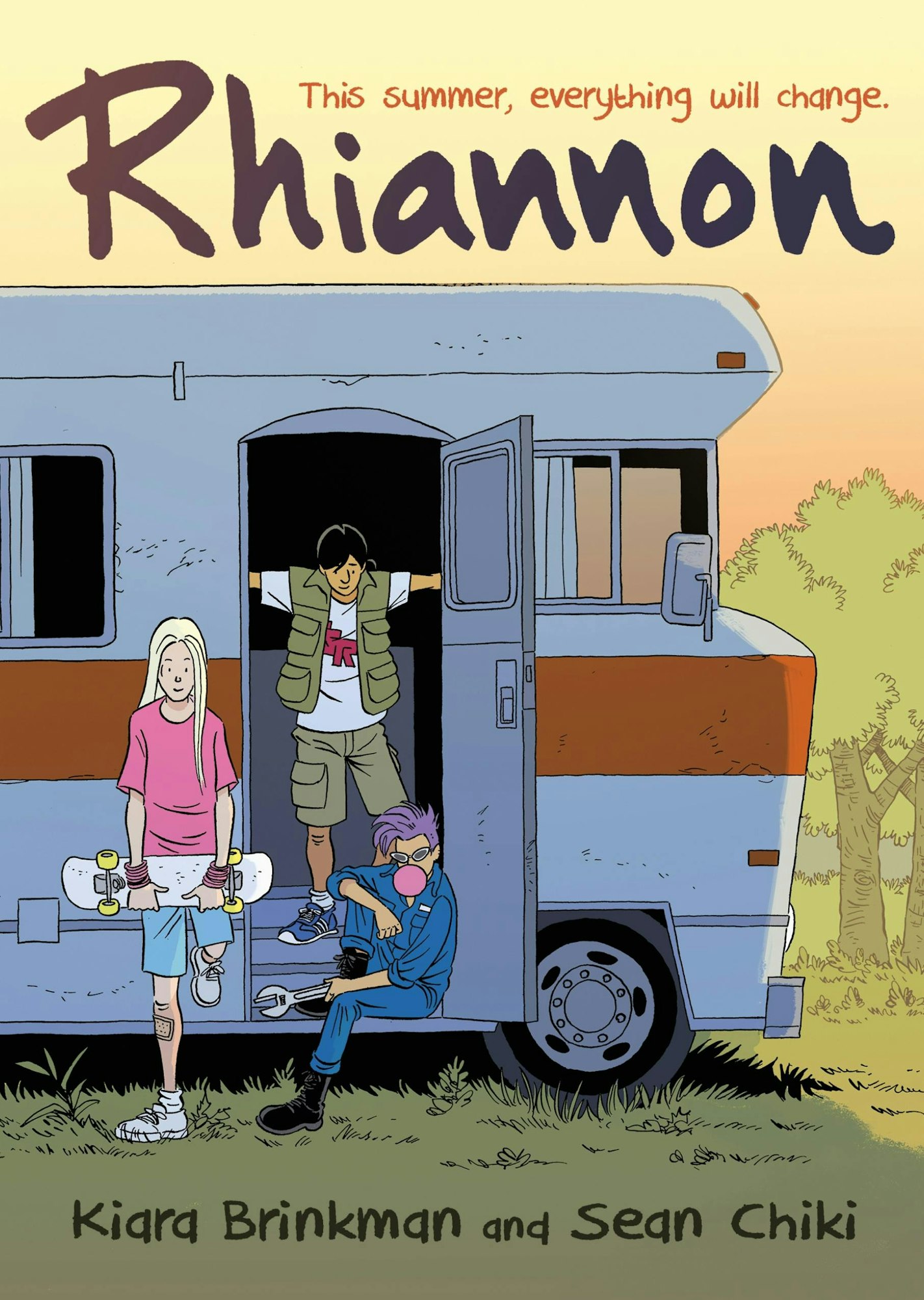Three kids in and around an RV with a skateboard and bubblegum. "Rhiannon" and "This summer, everything will change."