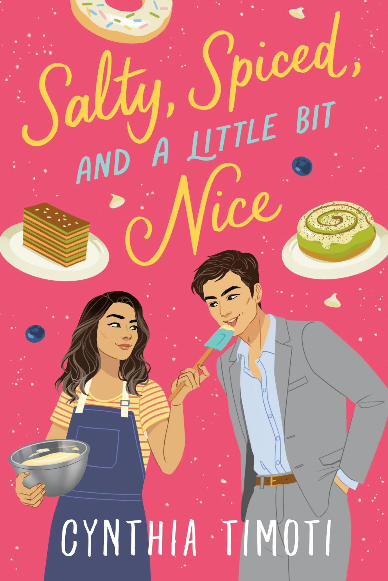 Book cover: "Salty, Spiced, and a Little Bit Nice" by Cynthia Timoti, featuring a baking theme with a woman and a man.