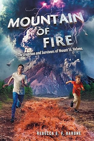 A book cover titled "Mountain of Fire" with two people running from a volcanic eruption.