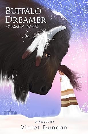 Illustration of a buffalo with a person, titled "Buffalo Dreamer" by Violet Duncan, possibly a book cover.