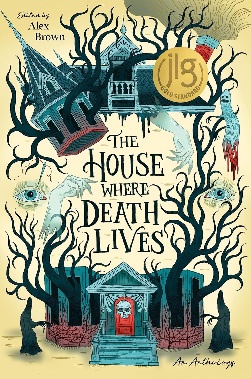 Illustrated book cover "The House Where Death Lives", with eerie house, ghostly imagery, skull, and creeping branches.