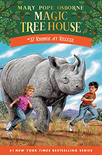 Book cover "Magic Tree House #37 Rhinos at Recess" with a boy, girl, and rhino under a tree.