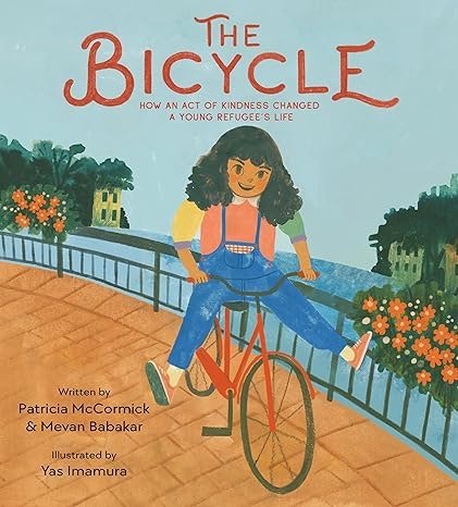A book cover titled "The Bicycle" depicting a smiling young girl riding a bike with scenic background.