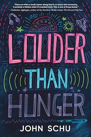 A colorful book cover titled "Louder Than Thunder" by John Schu, with glowing illustrations and a quote from Katherine Applegate.