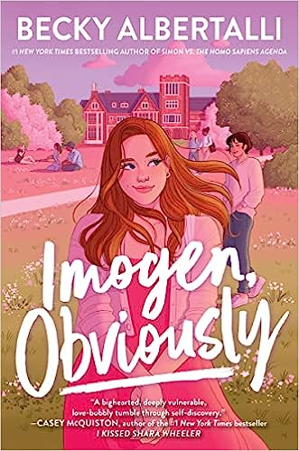 A book cover titled "Imogen, Obviously" by Becky Albertalli, featuring illustrated characters with a pink house in the background.