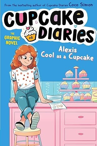 A girl with red hair, sitting near a cupcake display, from "Cupcake Diaries: Alexis Cool as a Cupcake" graphic novel cover by Coco Simon.