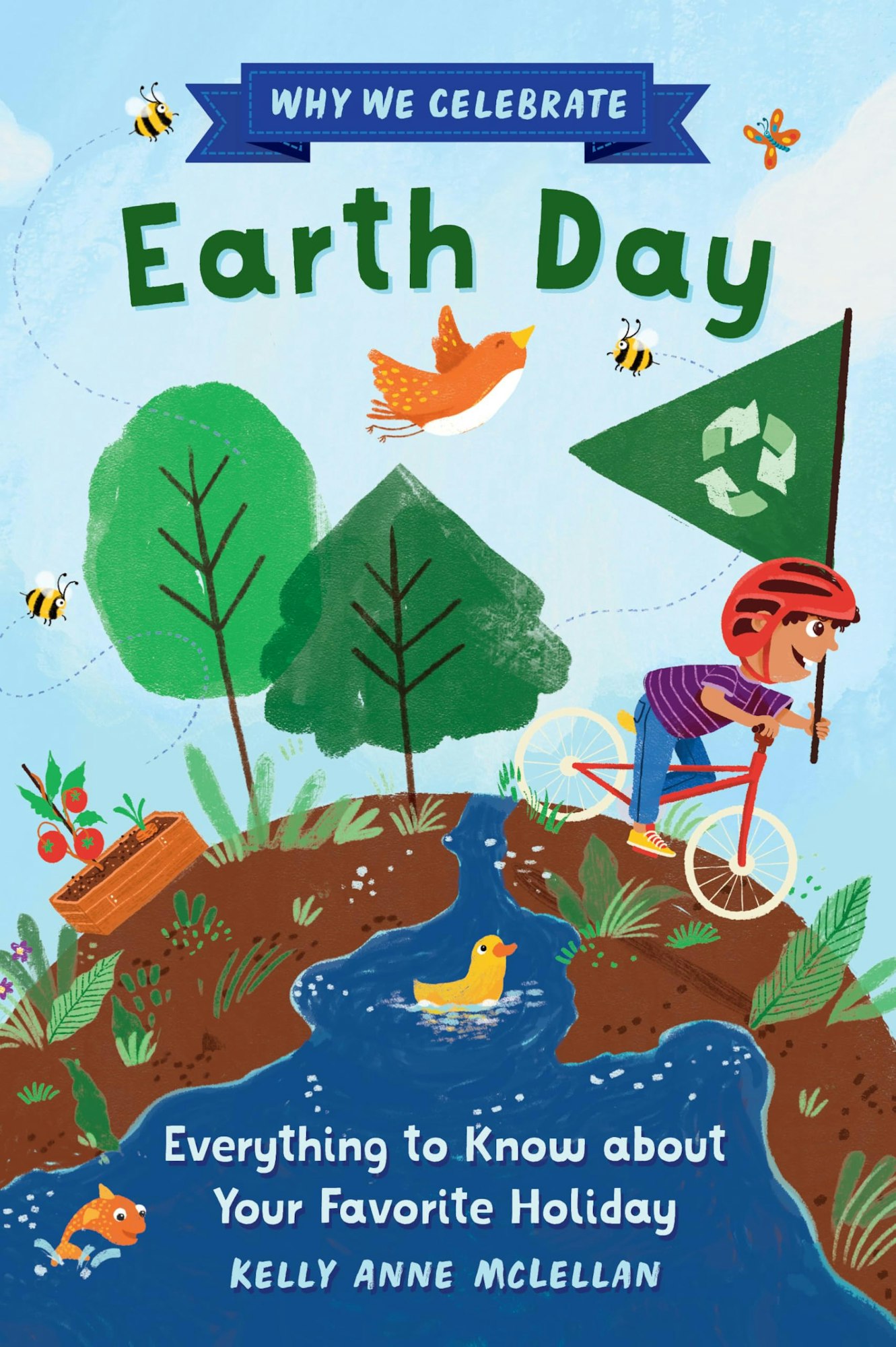Illustrated Earth Day book cover with a child on a bike, trees, bees, a duck, and a recycling flag.