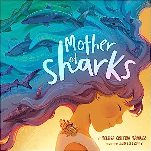 A book cover with the title "Mother of Sharks," featuring a woman and sharks illustrated in vibrant colors.