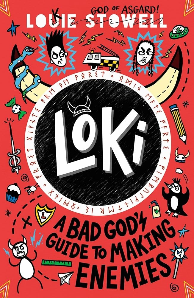 Illustrated book cover titled "Loki: A Bad God's Guide to Making Enemies" by Louie Stowell, featuring various doodles.