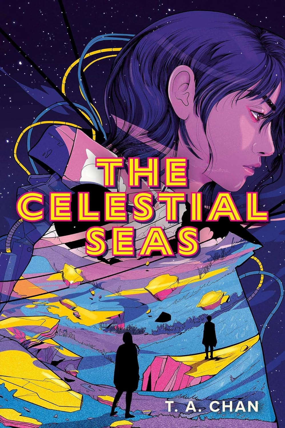 The image features the book cover of "The Celestial Seas" by T.A. Chan, showcasing vibrant colors and a cosmic theme.