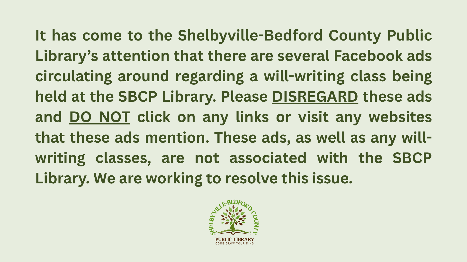 SBCP Library warns about false Facebook ads for will-writing classes. Disregard them, they're not affiliated.