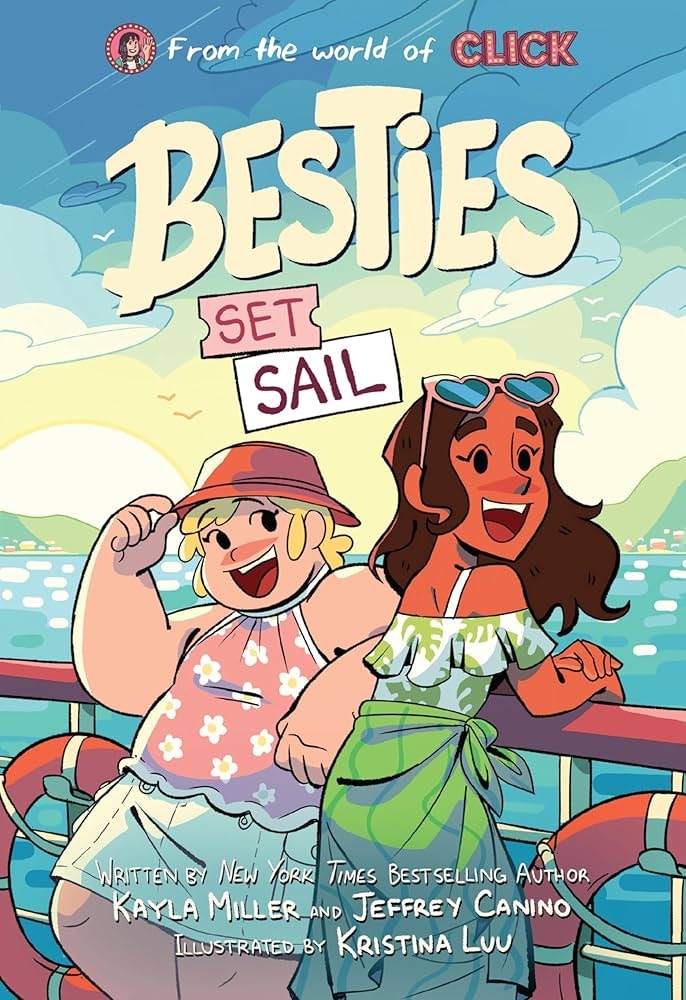 Two animated characters on a boat, with the text "Besties Set Sail" and author/illustrator credits at the bottom.
