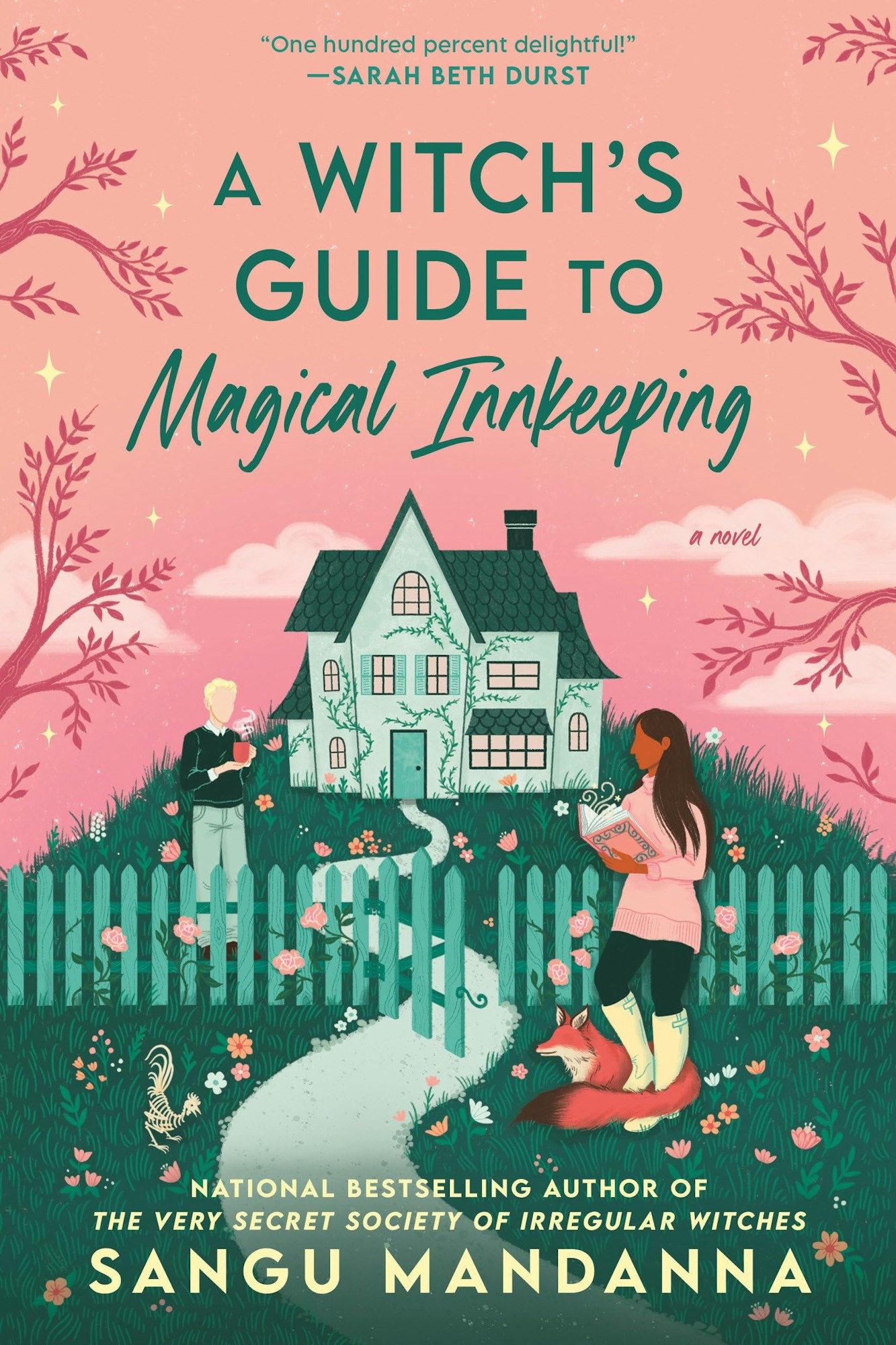 Book cover: "A Witch's Guide to Magical Innkeeping" by Sangu Mandanna. Features a house, two people, a fox, and a whimsical scene.