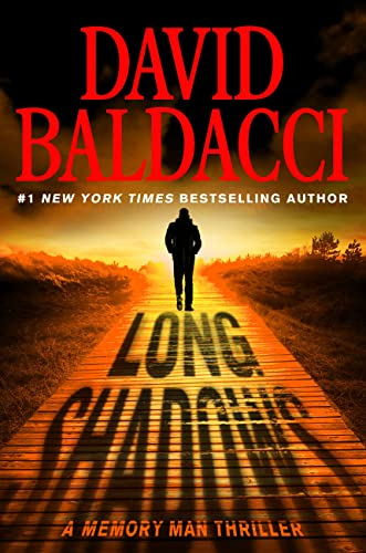 A thriller book cover "Long Road to Mercy" by David Baldacci with a silhouette walking on a road at sunset.