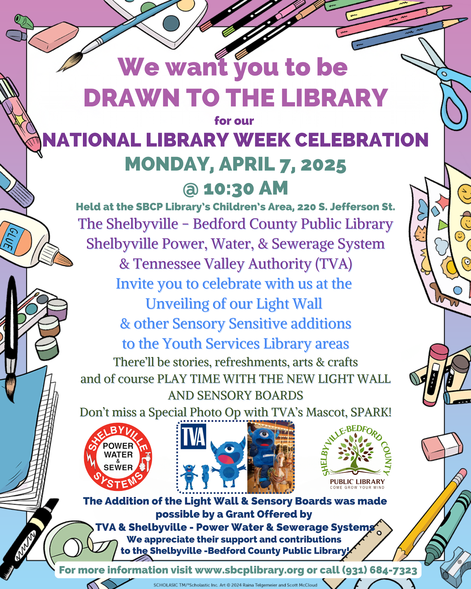 National Library Week Celebration at Shelbyville-Bedford County Library on April 7, 2025, 10:30 AM, with activities and a photo op.