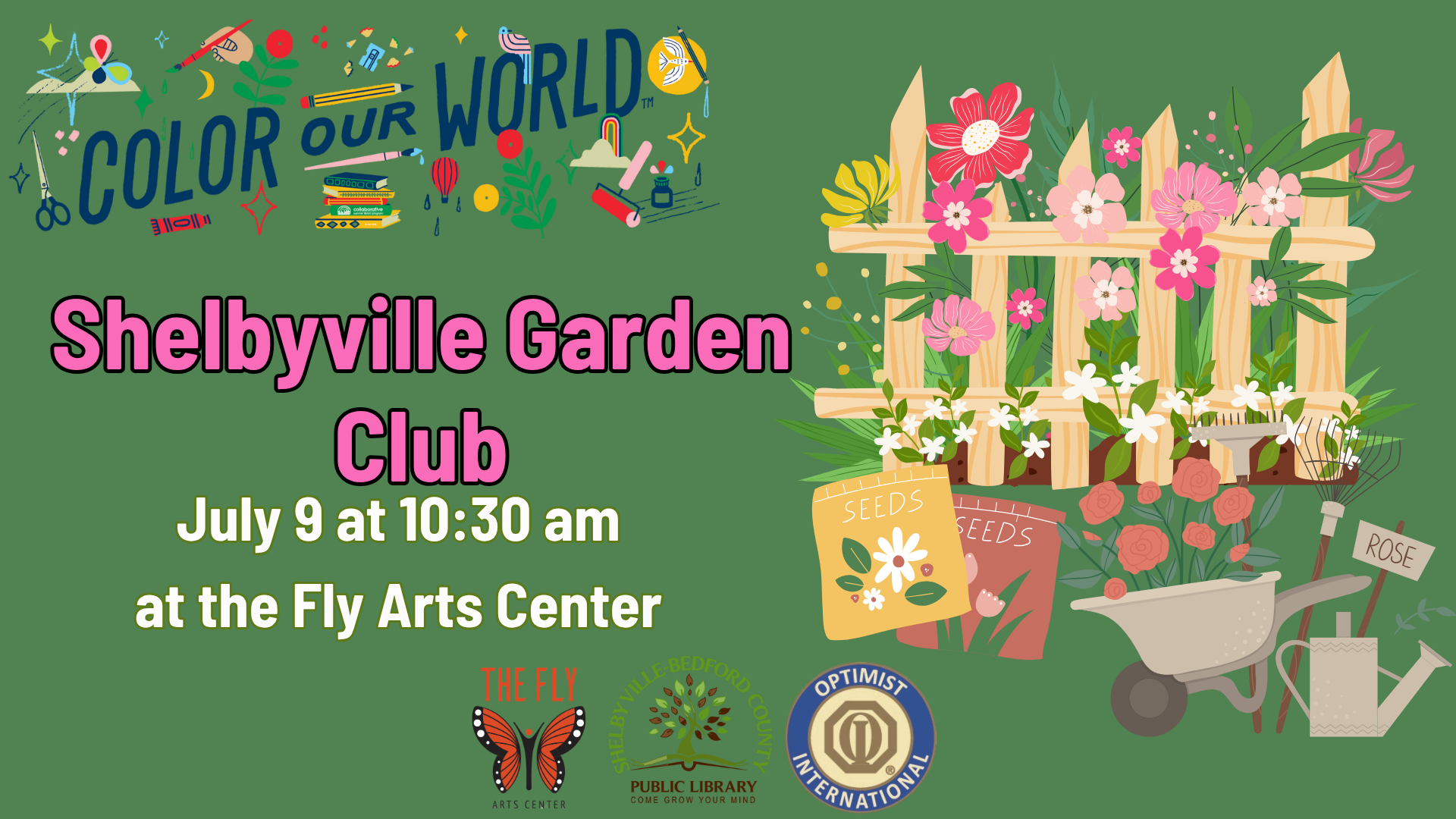 Shelbyville Garden Club event on July 9, 10:30 am at Fly Arts Center. Illustration of flowers, seeds, and garden tools.