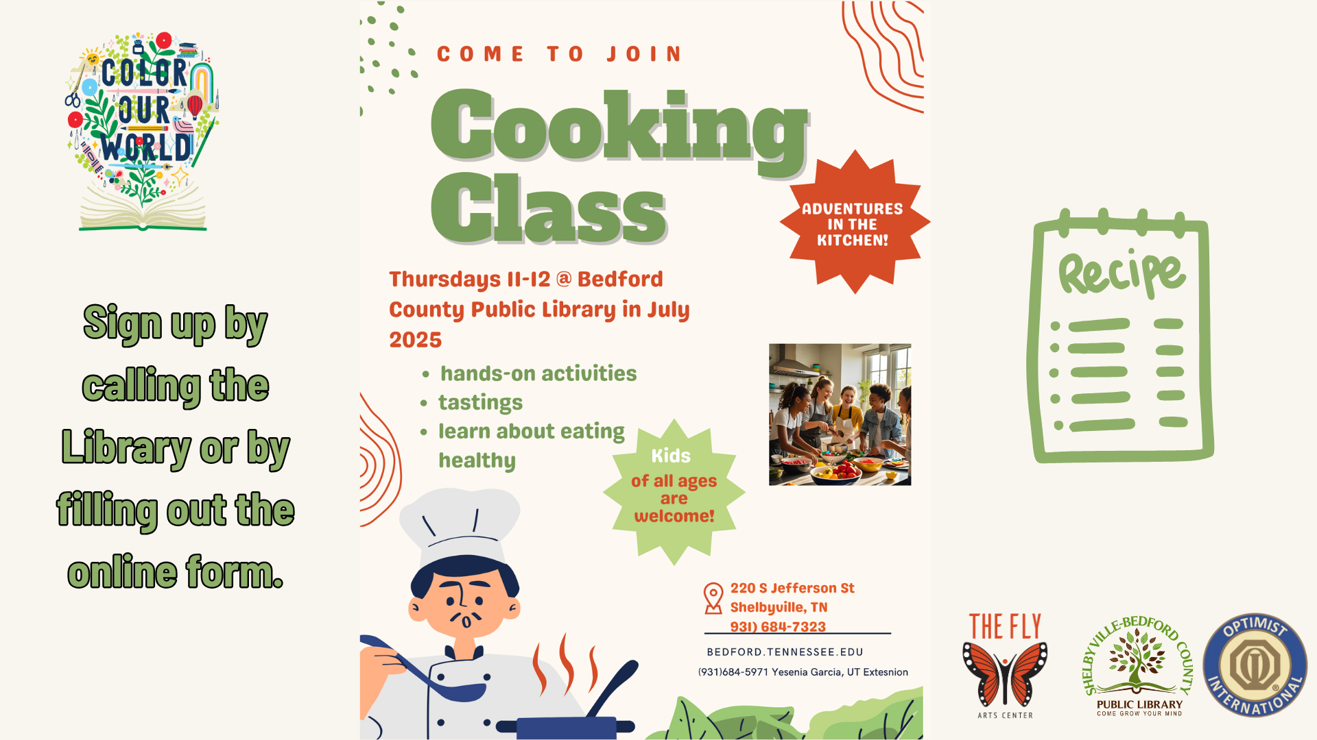 Cooking class at Bedford County Public Library, Thursdays in July 2025. Hands-on activities and tastings for kids. Sign up online.