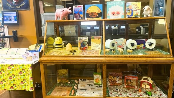 The image shows a display case at a library featuring books and animal figurines, including a pig, bee, and sheep.