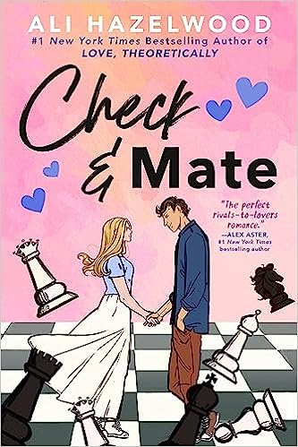 A book cover titled "Check & Mate" with an illustration of a man and woman holding hands, chess pieces, and hearts.
