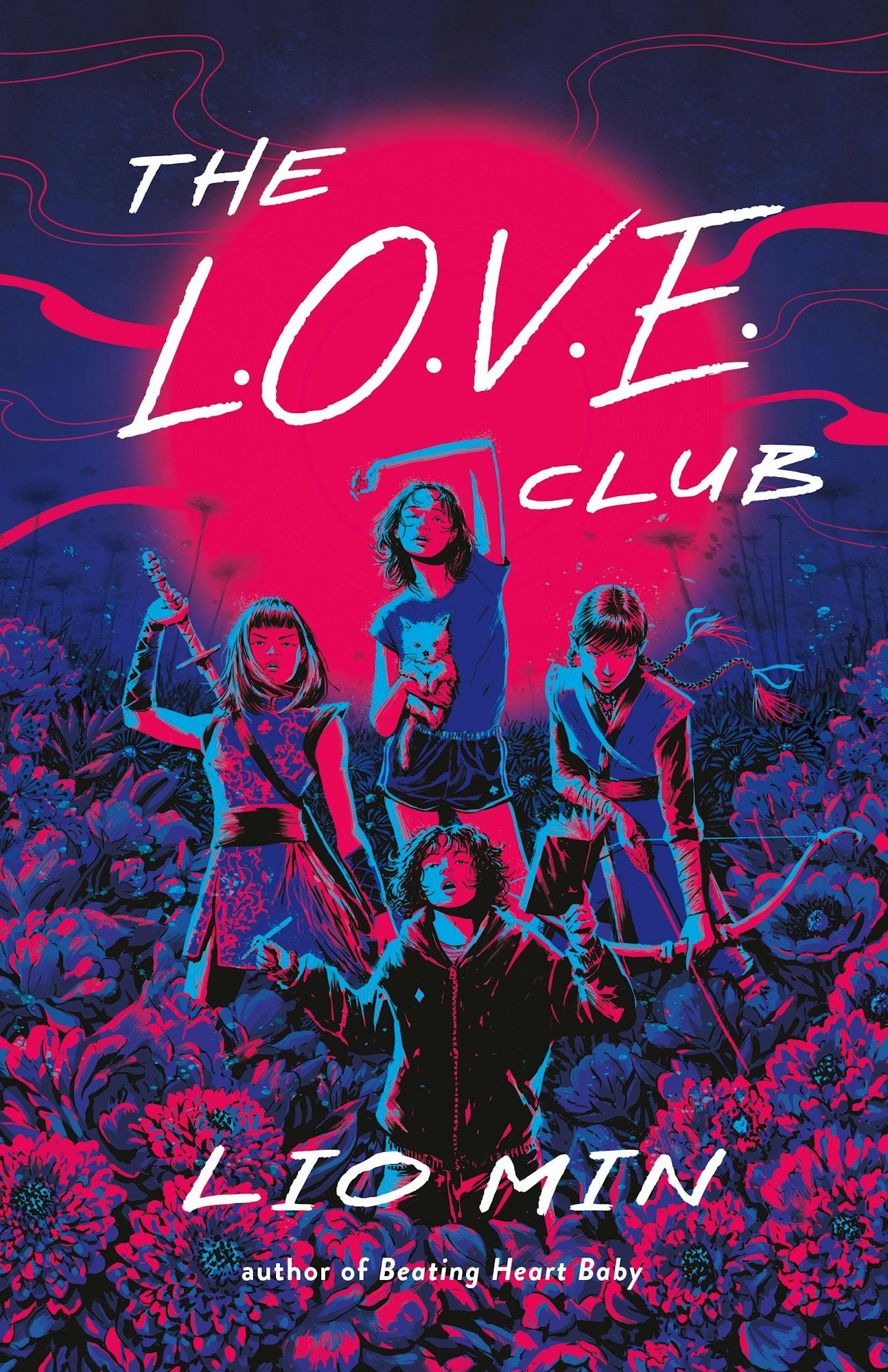 Book cover: "The L.O.V.E. Club" by Lio Min, featuring four characters in a vibrant, floral setting.