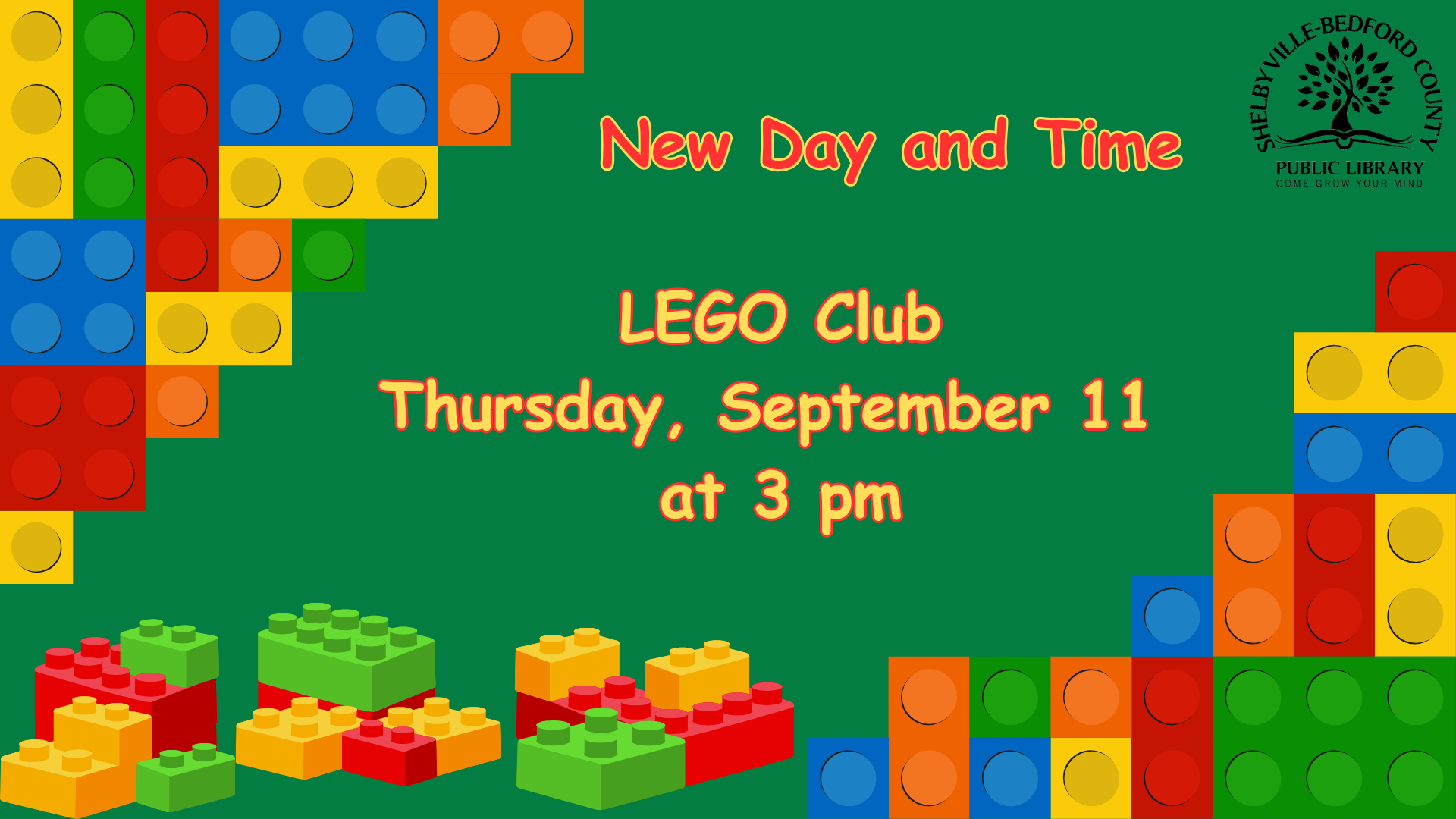 LEGO Club announcement for Thursday, September 11 at 3 pm by Shelbyville-Bedford County Library. Colorful LEGO brick design.